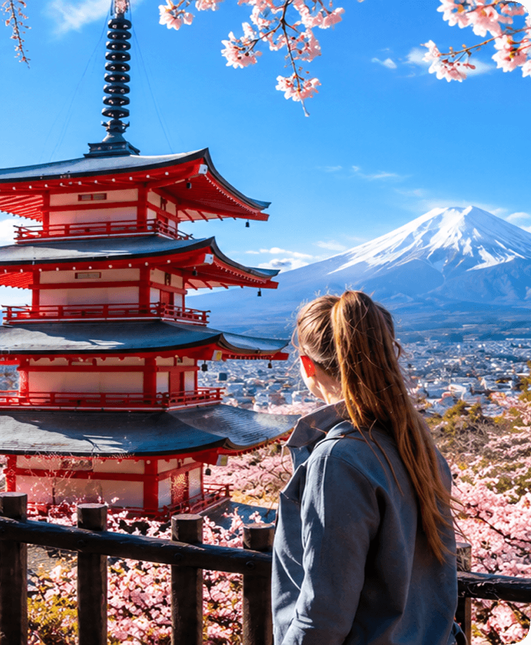 Viajante admirando o pagode Chureito e o Monte Fuji