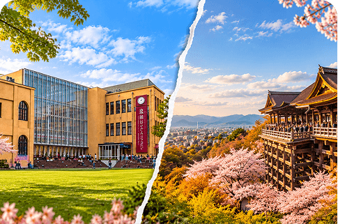 Museu Internacional do Mangá e templo entre cerejeiras em Kyoto