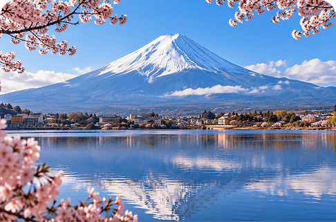 Monte Fuji refletido no lago com cerejeiras em flor