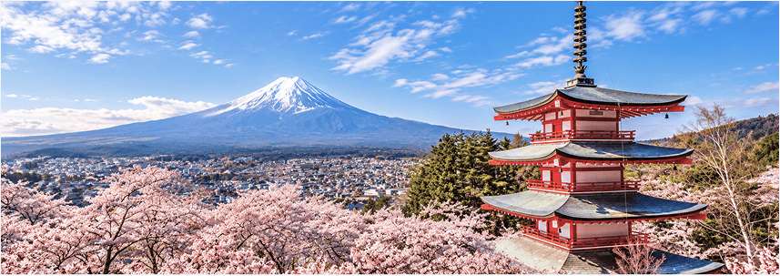 Monte Fuji e pagode Chureito com cerejeiras em flor
